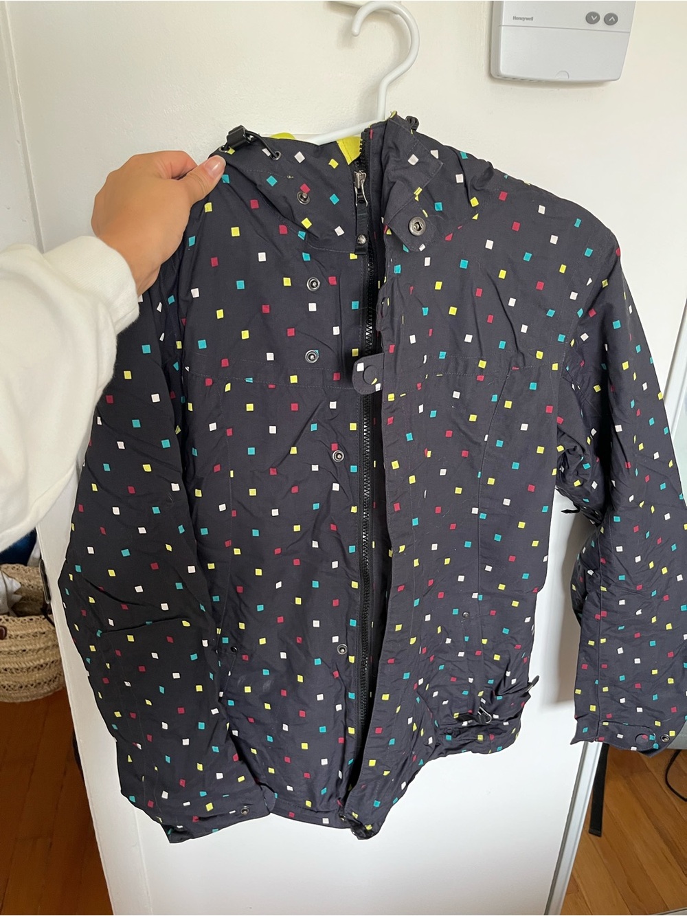 Burton Black Hooded Puffer Jacket with Multicolor Dot Squares